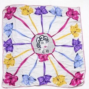 Lulu Guinness Silk Scarf Pinup Face Bows Print Square 34x33 Pink Glam